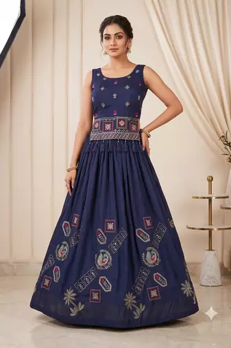 Navy Blue Embroidered Chaniya Choli Set for Navratri & Garba with Mirror Work Koti Blouse