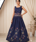 Navy Blue Embroidered Chaniya Choli Set for Navratri & Garba with Mirror Work Koti Blouse
