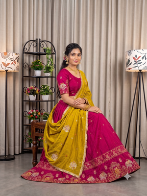 Women's Rani Pink Traditional Navratri Chaniya Choli with Border Embroidery & Heavy Contrast Yellow Dupatta Set 2