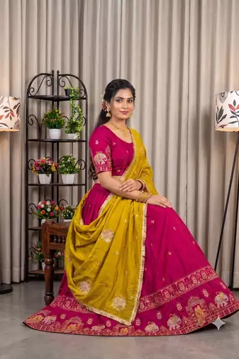 Women's Rani Pink Traditional Navratri Chaniya Choli with Border Embroidery & Heavy Contrast Yellow Dupatta Set