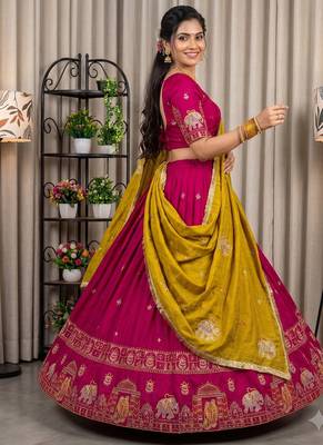 Women's Rani Pink Traditional Navratri Chaniya Choli with Border Embroidery & Heavy Contrast Yellow Dupatta Set 3