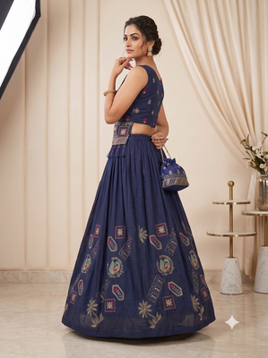 Navy Blue Embroidered Chaniya Choli Set for Navratri & Garba with Mirror Work Koti Blouse 2