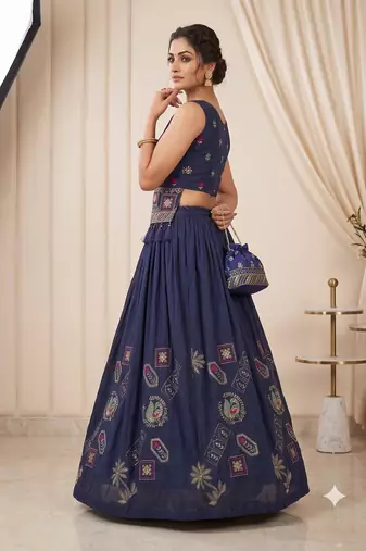 Navy Blue Embroidered Chaniya Choli Set for Navratri & Garba with Mirror Work Koti Blouse