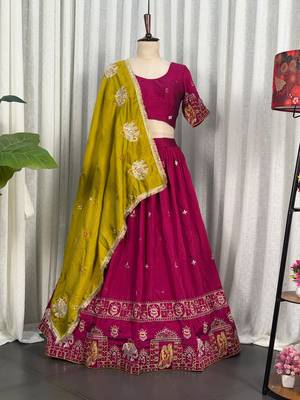 Women's Rani Pink Traditional Navratri Chaniya Choli with Border Embroidery & Heavy Contrast Yellow Dupatta Set 4