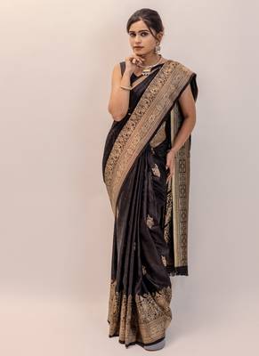 pemium black pure satin all over woven zari design wedding and party wear saree with blouse 1