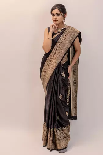 pemium black pure satin all over woven zari design wedding and party wear saree with blouse