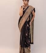 pemium black pure satin all over woven zari design wedding and party wear saree with blouse