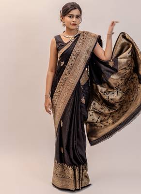 pemium black pure satin all over woven zari design wedding and party wear saree with blouse 2