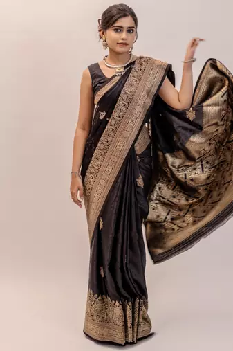 pemium black pure satin all over woven zari design wedding and party wear saree with blouse