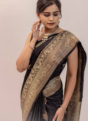 pemium black pure satin all over woven zari design wedding and party wear saree with blouse 3