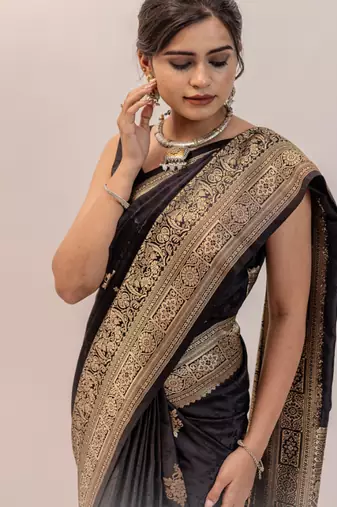pemium black pure satin all over woven zari design wedding and party wear saree with blouse