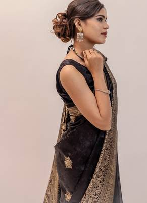 pemium black pure satin all over woven zari design wedding and party wear saree with blouse 4
