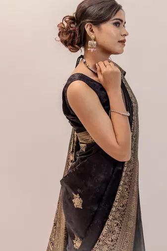 pemium black pure satin all over woven zari design wedding and party wear saree with blouse