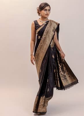 pemium black pure satin all over woven zari design wedding and party wear saree with blouse 5