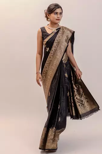 pemium black pure satin all over woven zari design wedding and party wear saree with blouse