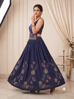 Navy Blue Embroidered Chaniya Choli Set for Navratri & Garba with Mirror Work Koti Blouse 3