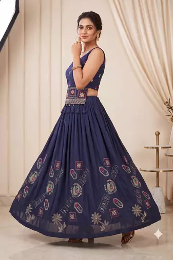 Navy Blue Embroidered Chaniya Choli Set for Navratri & Garba with Mirror Work Koti Blouse