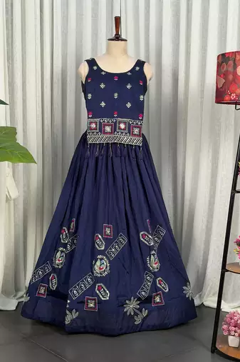 Navy Blue Embroidered Chaniya Choli Set for Navratri & Garba with Mirror Work Koti Blouse