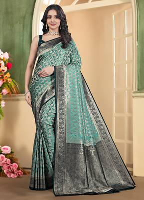 pemium light bottole green and dark green pure satin all over woven zari design wedding and party wear saree with blouse 1