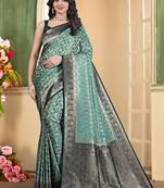 pemium light bottole green and dark green pure satin all over woven zari design wedding and party wear saree with blouse