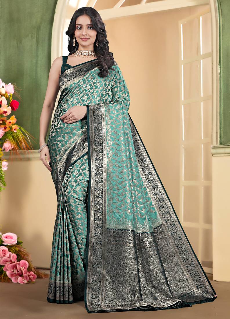 pemium light bottole green and dark green pure satin all over woven zari design wedding and party wear saree with blouse