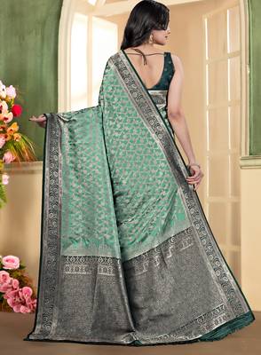 pemium light bottole green and dark green pure satin all over woven zari design wedding and party wear saree with blouse 2