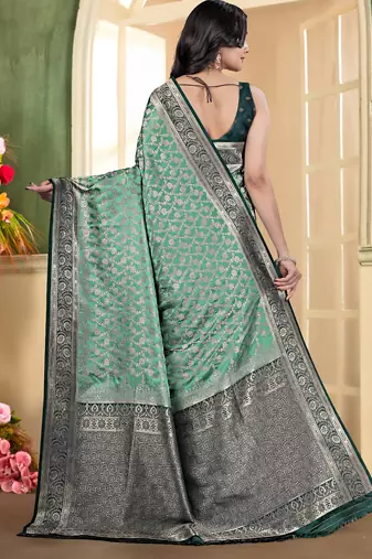 pemium light bottole green and dark green pure satin all over woven zari design wedding and party wear saree with blouse