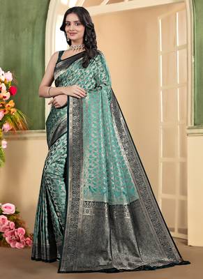 pemium light bottole green and dark green pure satin all over woven zari design wedding and party wear saree with blouse 3