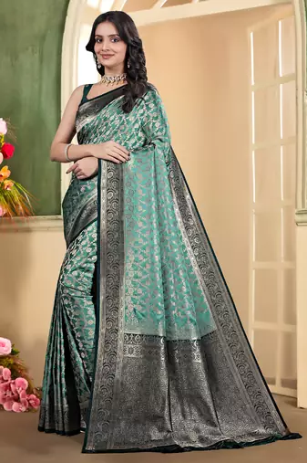 pemium light bottole green and dark green pure satin all over woven zari design wedding and party wear saree with blouse