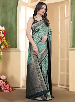 pemium light bottole green and dark green pure satin all over woven zari design wedding and party wear saree with blouse 4