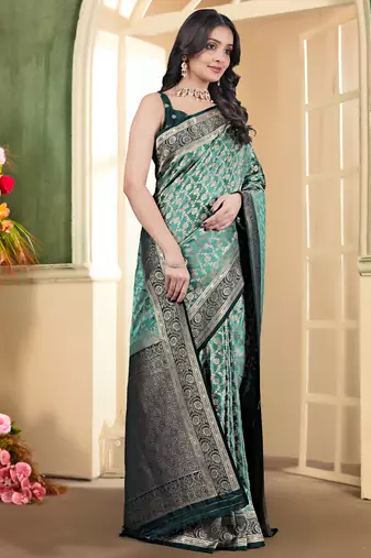 pemium light bottole green and dark green pure satin all over woven zari design wedding and party wear saree with blouse