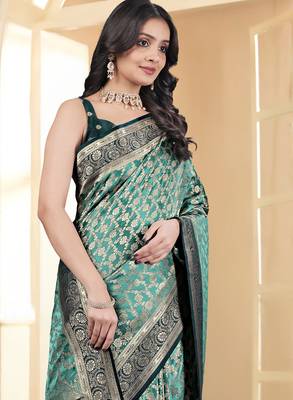 pemium light bottole green and dark green pure satin all over woven zari design wedding and party wear saree with blouse 5