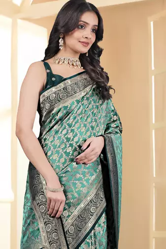 pemium light bottole green and dark green pure satin all over woven zari design wedding and party wear saree with blouse