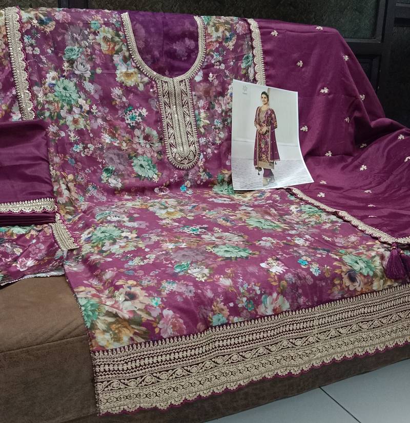 purple embroidered silk blend salwar suit