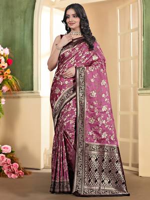 pemium pink and dark maroon pure satin all over woven zari design wedding and party wear saree with blouse 1