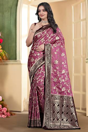 pemium pink and dark maroon pure satin all over woven zari design wedding and party wear saree with blouse