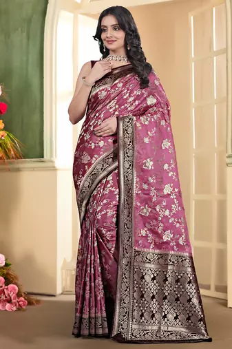 pemium pink and dark maroon pure satin all over woven zari design wedding and party wear saree with blouse