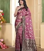 pemium pink and dark maroon pure satin all over woven zari design wedding and party wear saree with blouse