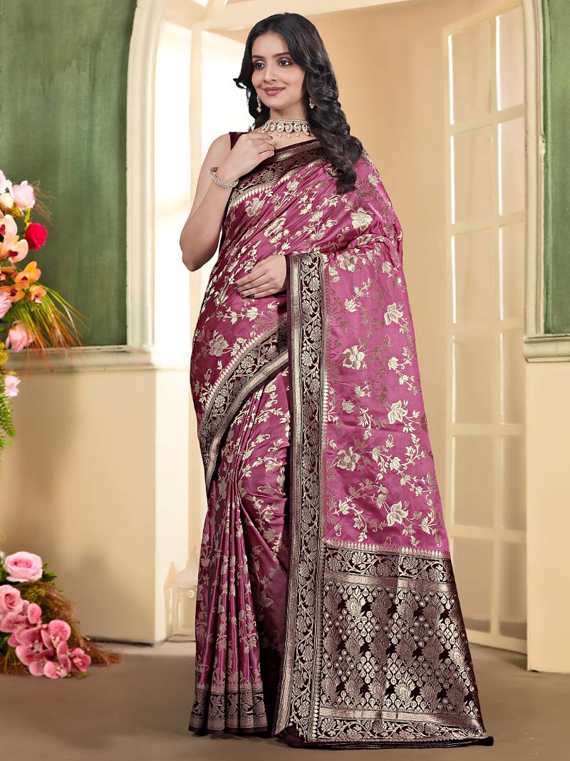 pemium pink and dark maroon pure satin all over woven zari design wedding and party wear saree with blouse