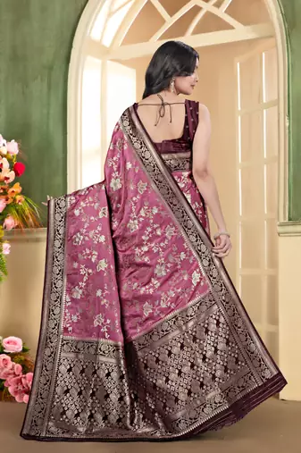 pemium pink and dark maroon pure satin all over woven zari design wedding and party wear saree with blouse