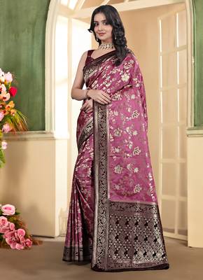 pemium pink and dark maroon pure satin all over woven zari design wedding and party wear saree with blouse 3