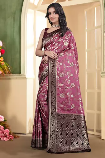 pemium pink and dark maroon pure satin all over woven zari design wedding and party wear saree with blouse