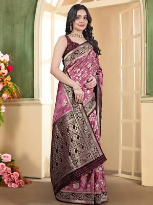 pemium pink and dark maroon pure satin all over woven zari design wedding and party wear saree with blouse 4
