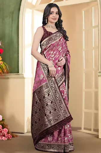 pemium pink and dark maroon pure satin all over woven zari design wedding and party wear saree with blouse