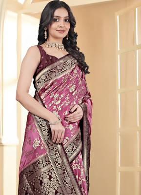 pemium pink and dark maroon pure satin all over woven zari design wedding and party wear saree with blouse 5