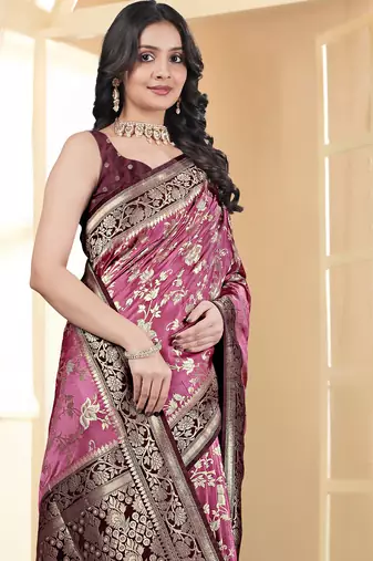pemium pink and dark maroon pure satin all over woven zari design wedding and party wear saree with blouse