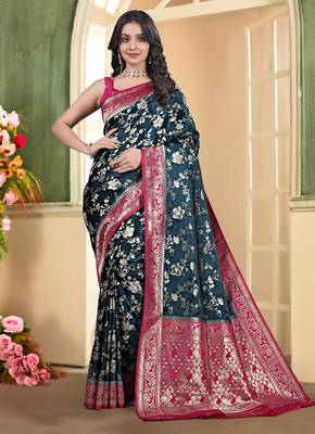 pemium dark firozi and rani pink pure satin all over woven zari design wedding and party wear saree with blouse 1