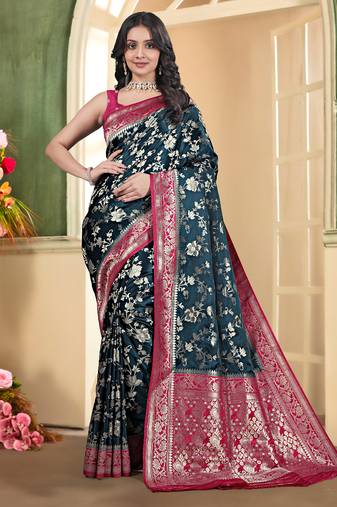 pemium dark firozi and rani pink pure satin all over woven zari design wedding and party wear saree with blouse