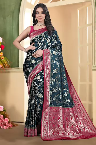 pemium dark firozi and rani pink pure satin all over woven zari design wedding and party wear saree with blouse