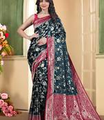 pemium dark firozi and rani pink pure satin all over woven zari design wedding and party wear saree with blouse